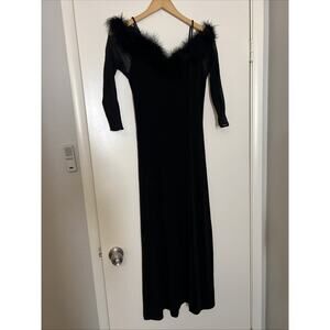 Joy VTG Black Dress Faux Fur Collar Mesh Sleeves Stretchy Medium Gown Cocktail